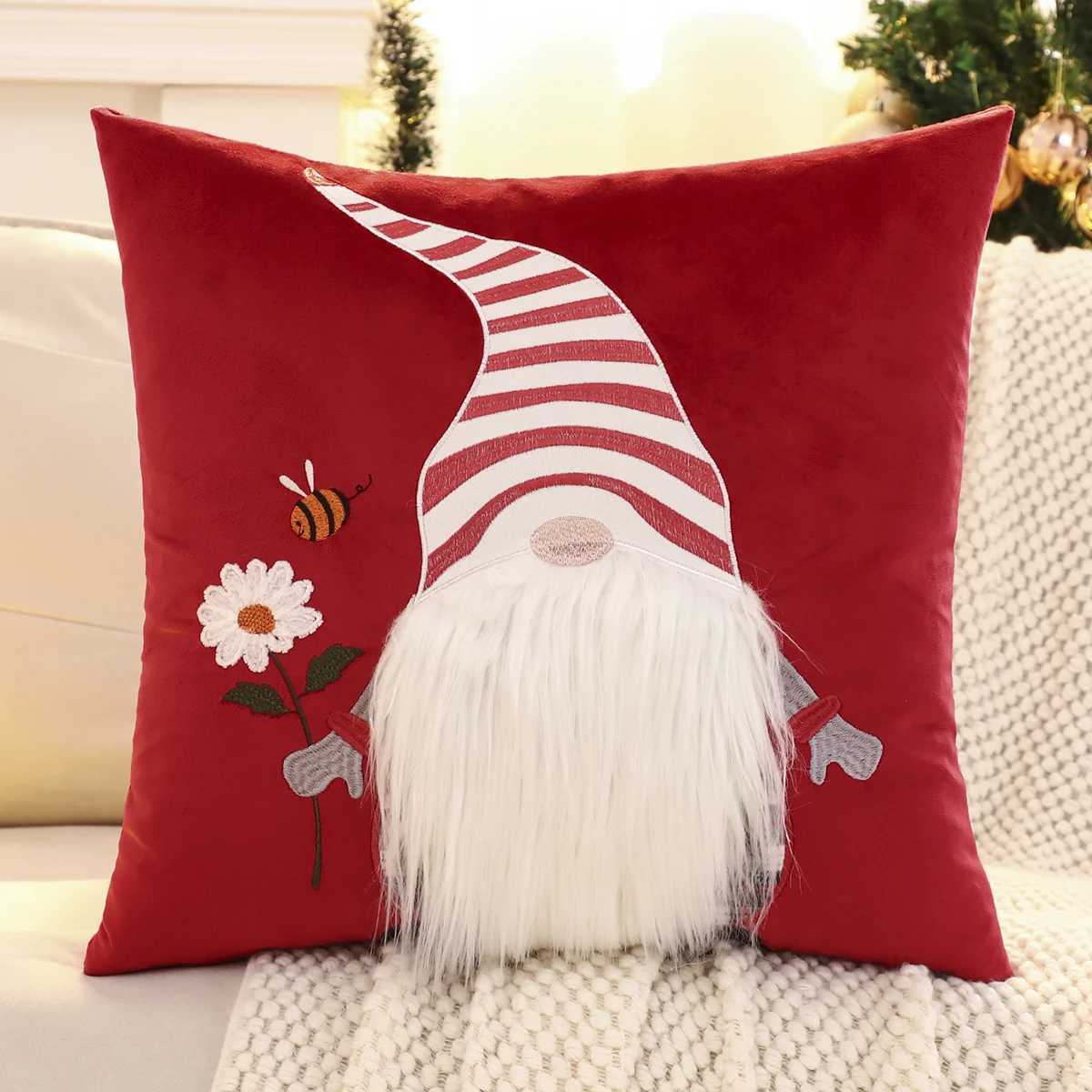 1 PC Christmas Gnome Throw Pillow Cover Winter Plush Embroidery Christmas Decoration Living Room Y251105