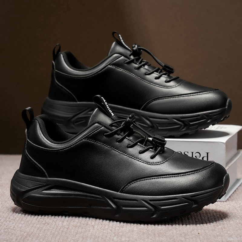 Unisex Black PU Leather Sneakers for Men & Women - Breathable Gym Footwear with Wider Toe Box