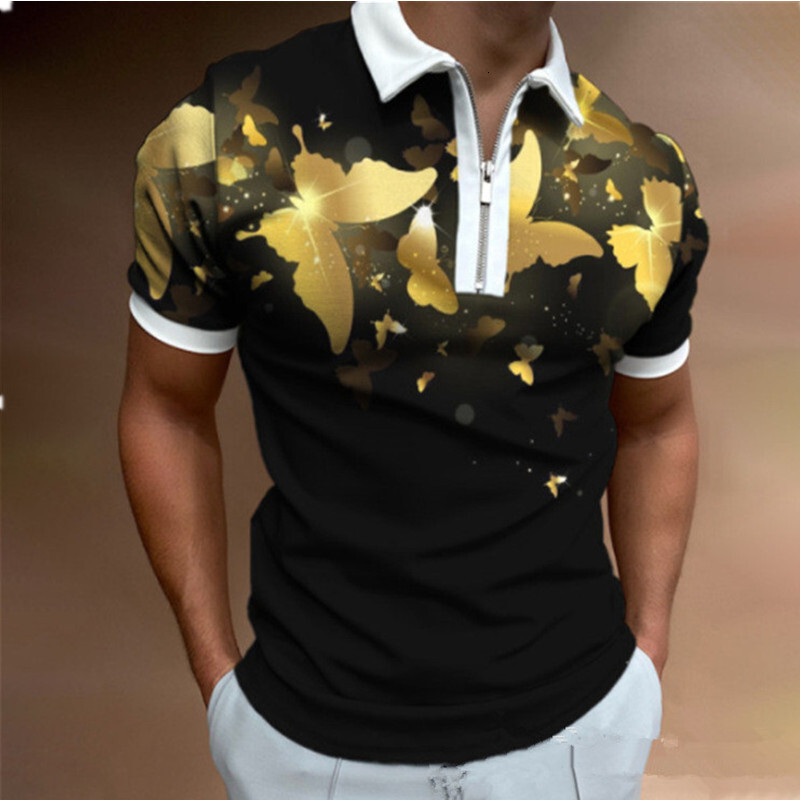 Spring New Fashionable Casual Pop Printed Polo Shirt Zipper T-shirt for Men