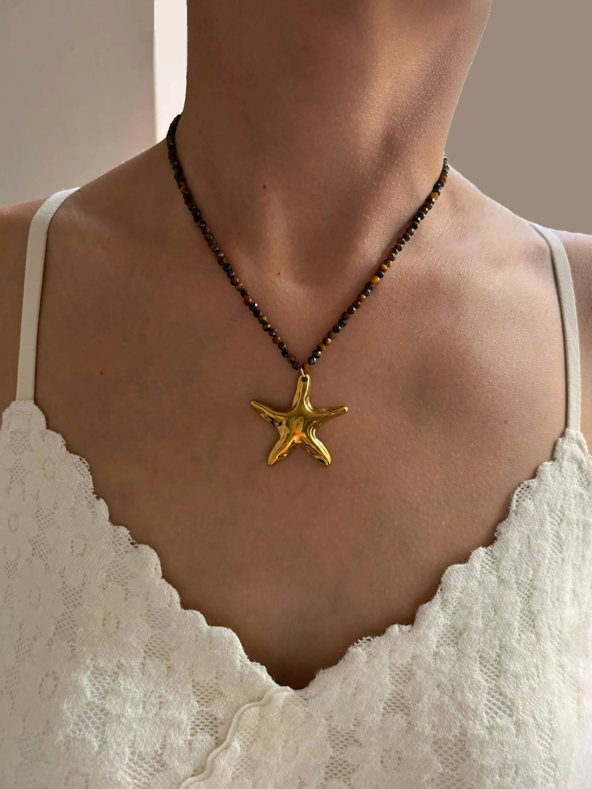 GHIDBK Fashion Natural Yellow Tiger Stone Beaded Chain Starfish Pendant Necklace for Women Stainless Steel Ocean Style Jewelry 251031