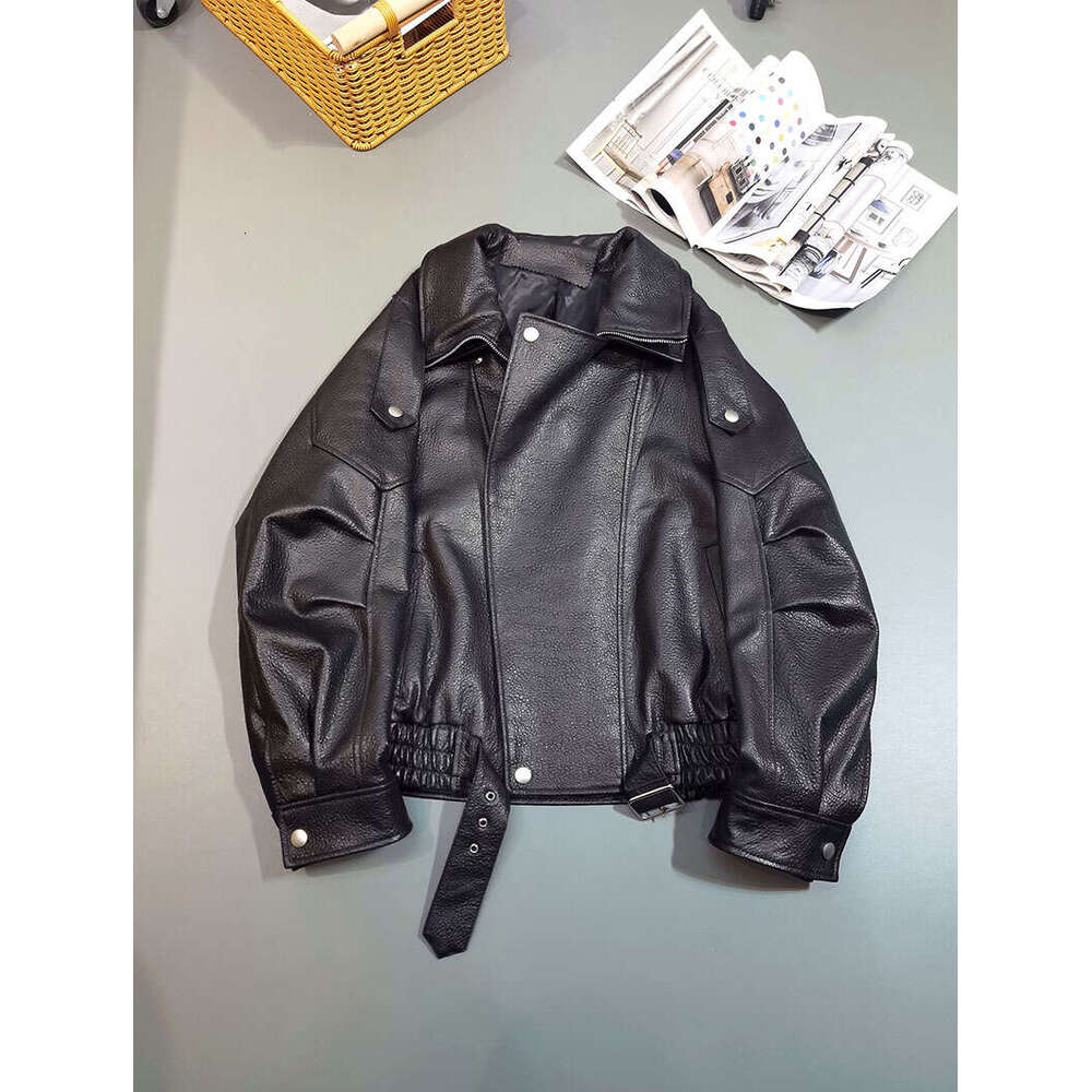 Cross-Border Lamb Motorcycle Loose PU Leather Jacket Oversize New High-End Simple Early Autumn Coat B5