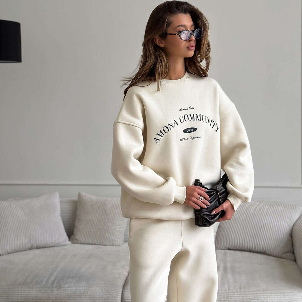 Casual American Retro For Women Street Style Letter Print Loose Round Neck Sweatshirt And Long Pants Two-Piece Set B5