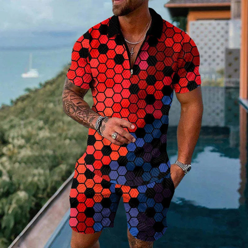 Solid color gradient printed mens sportswear set summer casual zipper polo shirt and shorts 2-piece set trend mens zipper clothing 250402