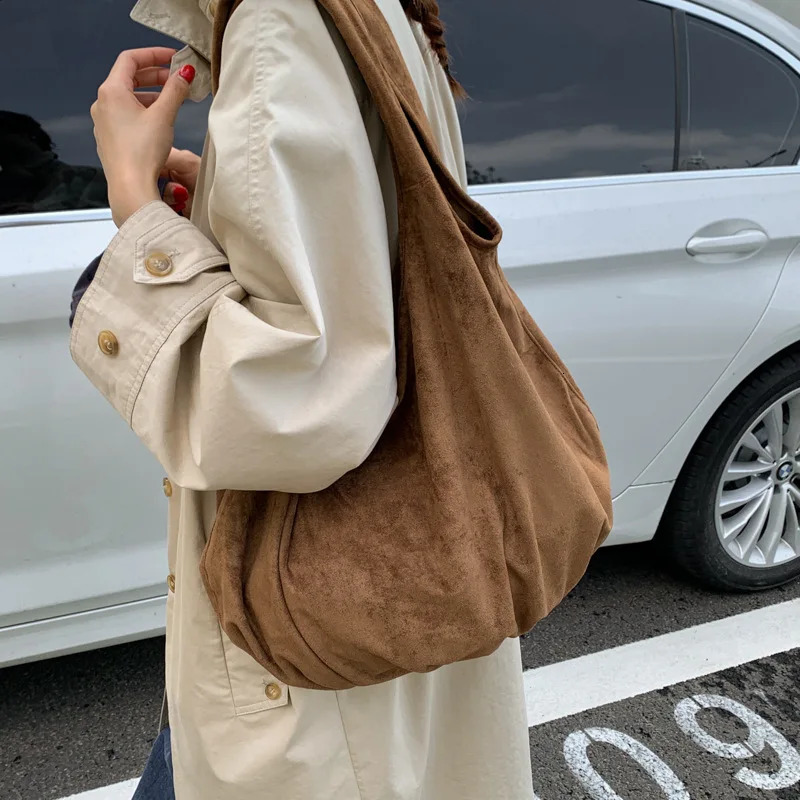 Autumn Retro Large Capacity Suede Tote Bag for Women Simple Solid Color Ladies Shoulder Bags Versatile Portable Female Handbags 251104