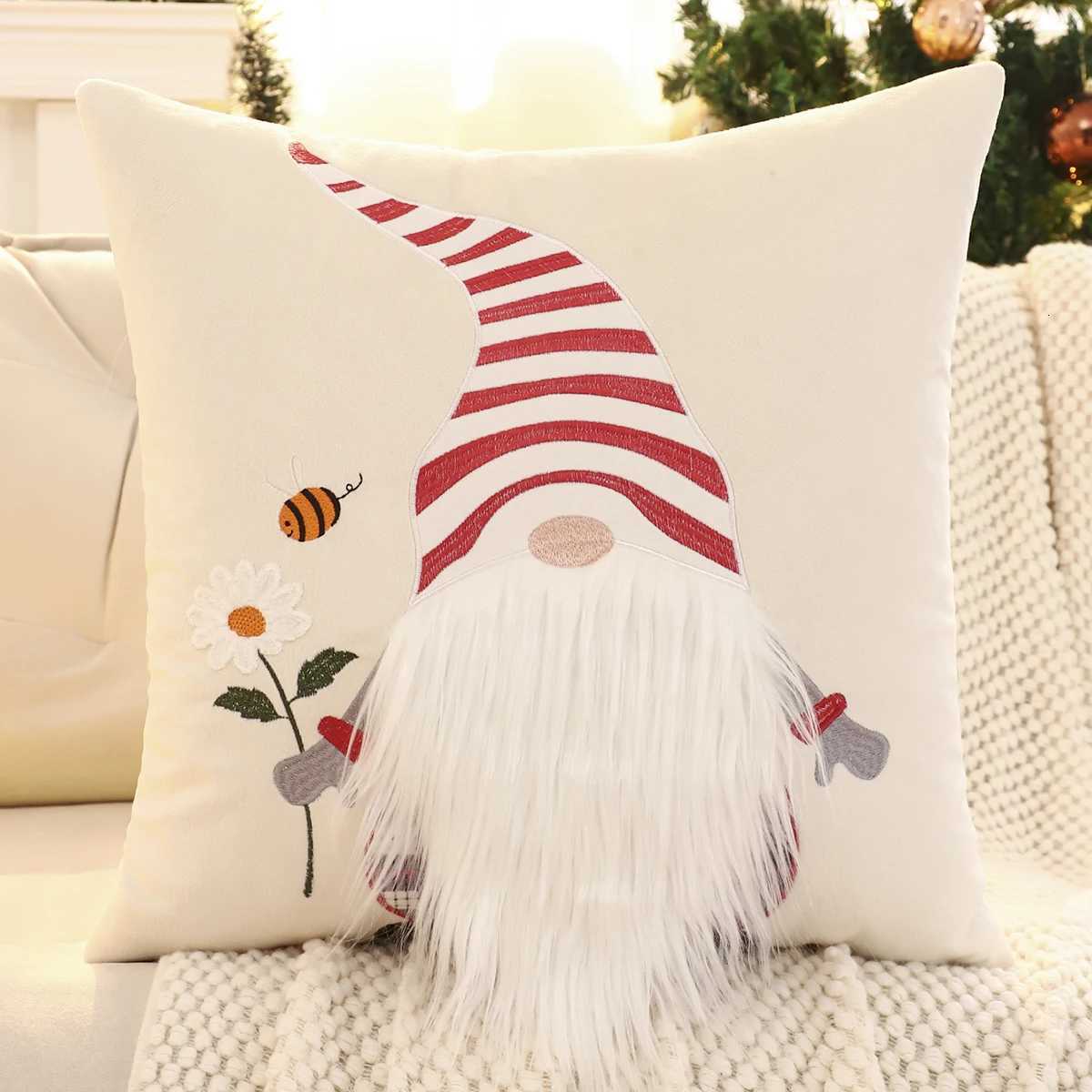 1 PC Christmas Gnome Throw Pillow Cover Winter Plush Embroidery Christmas Decoration Living Room Y251105