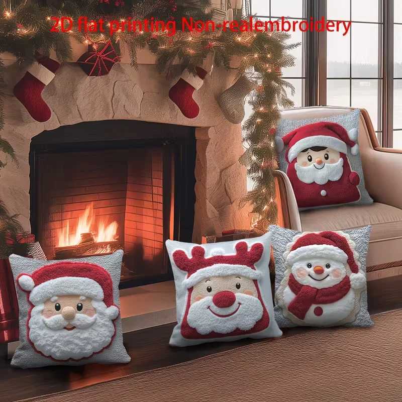 Christmas Cushion Cover 2D Printed Santa And Reindeer Pattern Soft Plush Pillow Case For Home Living Room Sofa Decor Y251105