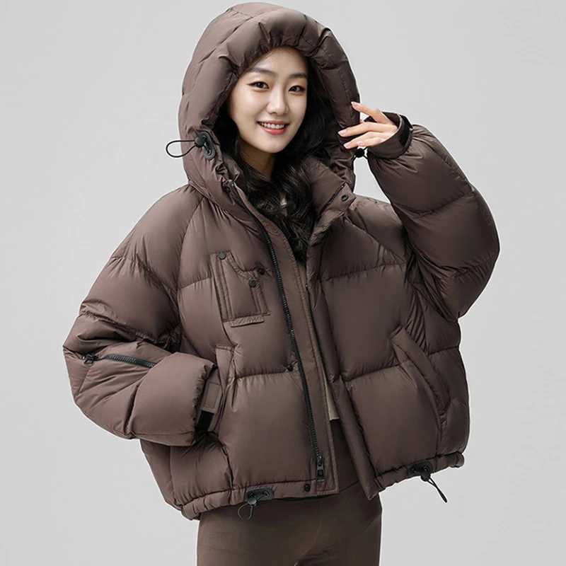 Winter Short Puff Hooded Solid Down Jacket Female Zipper Drawstring Quilted Jackets Women White Duck Down Pocket Parker OutwearsT251105