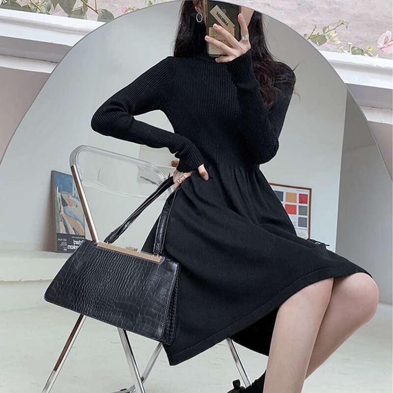 Coat Inner Layer Hepburn Style French Sweater Black Half Turtleneck Base Knitted Dress For Women Autumn Winter B5