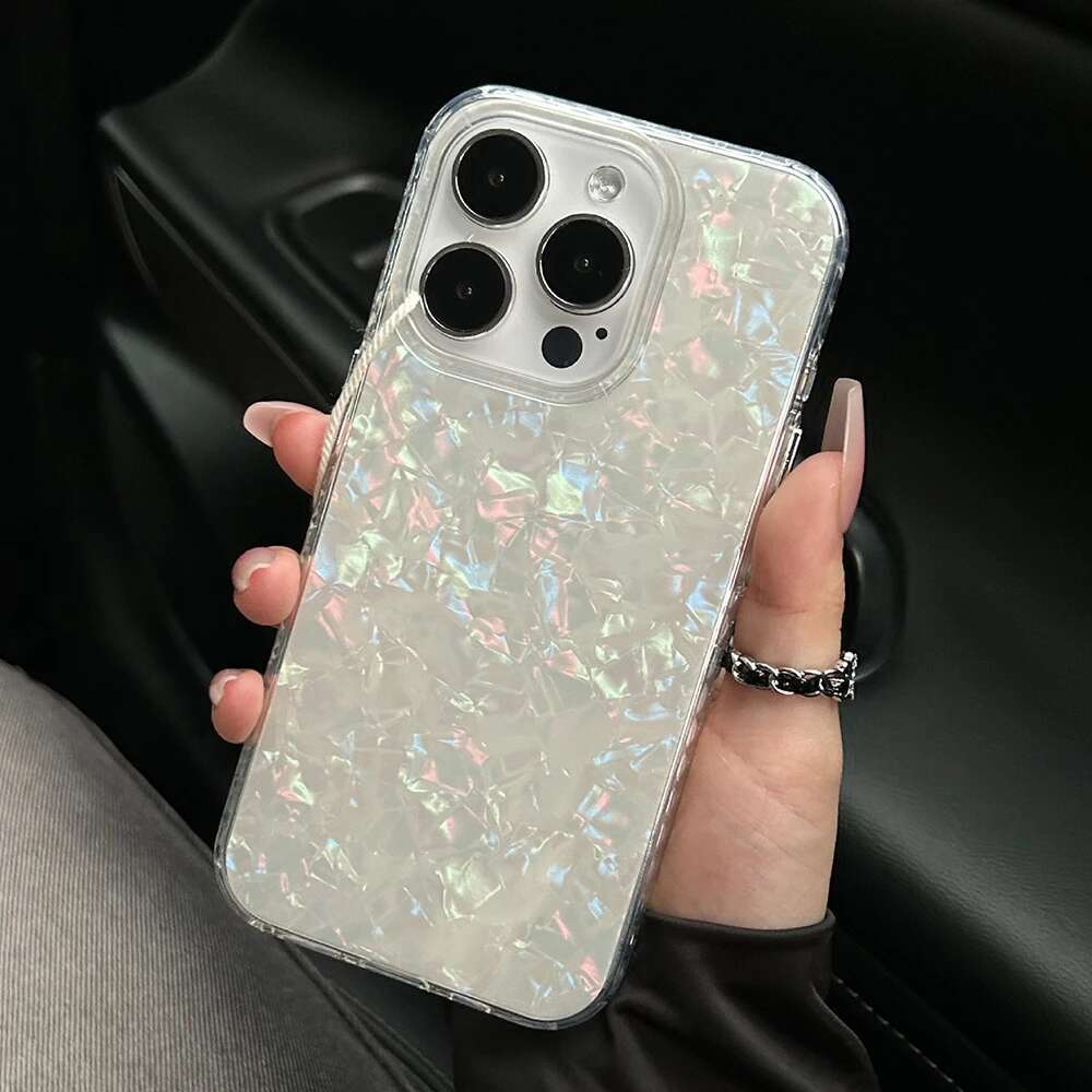 Glossy Shell Pattern Case For iPhone 16 Pro Max 15 14 Plus 13 12 11 Aurora Laser IMD Shockproof Protection Cover