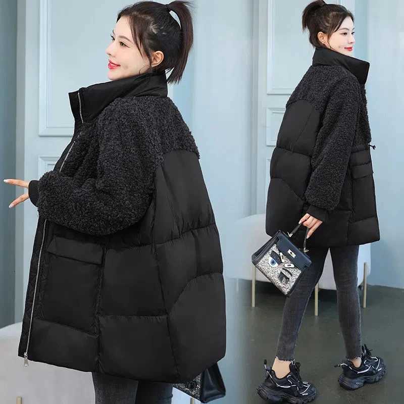 Down Jacket Womens Mid-Length 2025Winter New Cotton-Padded Coat Loose Outwear Lamb Fleece Thickened Jackets Female Overcoat TopT251105