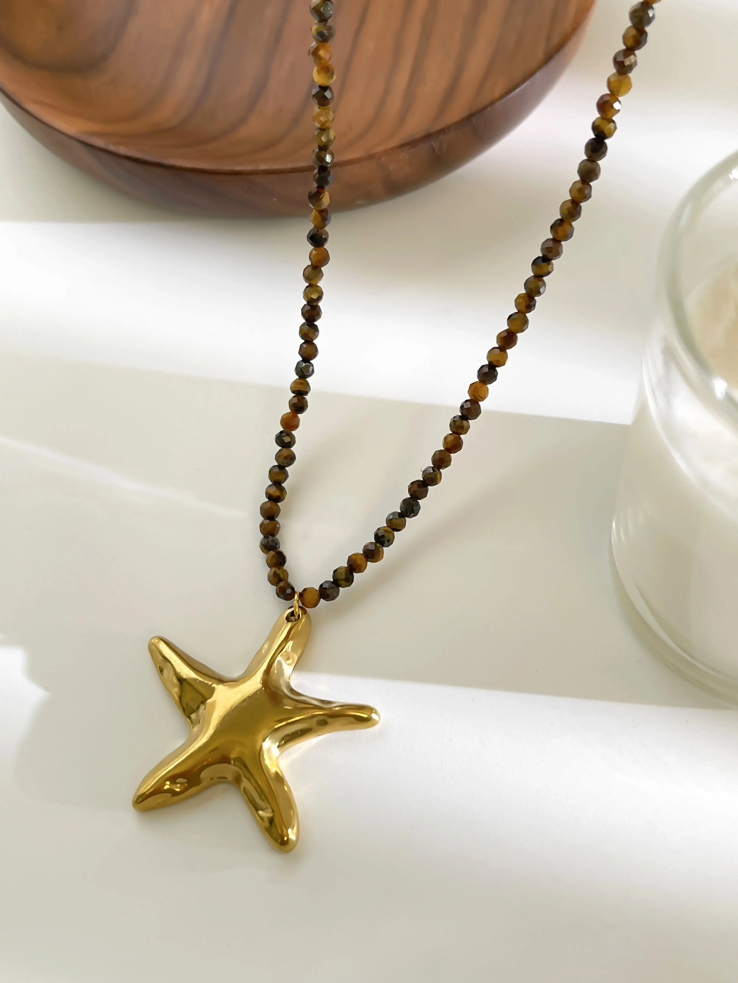 GHIDBK Fashion Natural Yellow Tiger Stone Beaded Chain Starfish Pendant Necklace for Women Stainless Steel Ocean Style Jewelry 251031