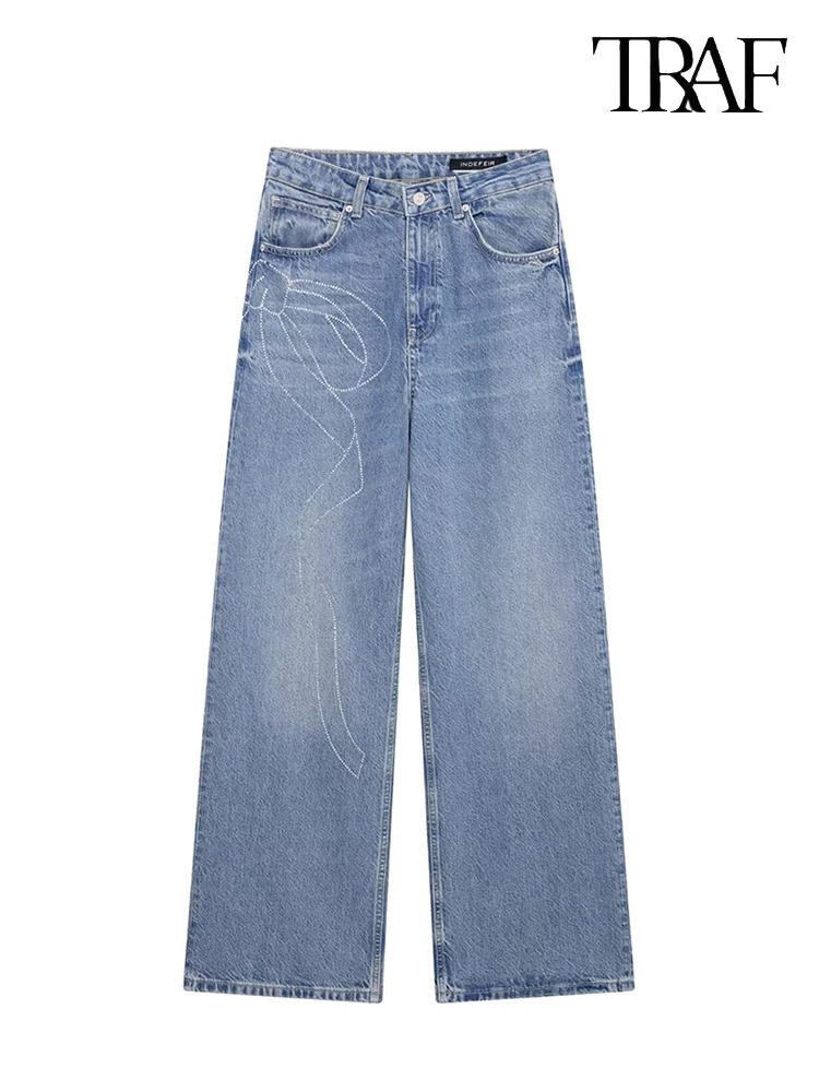 TRAF womens fashionable ultrathin slim fit high waisted Rhinestone embossed jeans American street chic blue washed casual wide leg 250403
