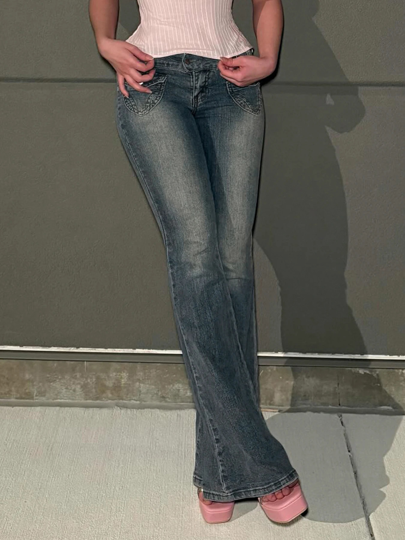 Rockmore Vintage Y2K Flared Jeans Retro Button Up Low Rise Casual Cowboy Harajuku 2000s Basic Aesthetics Cotton Womens Trouser 250403