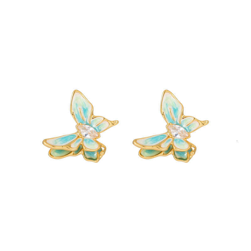 New Chinese Style Enamel Oil Drop Zircon Butterfly Unique Light Luxury Design High-end Feel Fashionable Temperament Stud Earrings