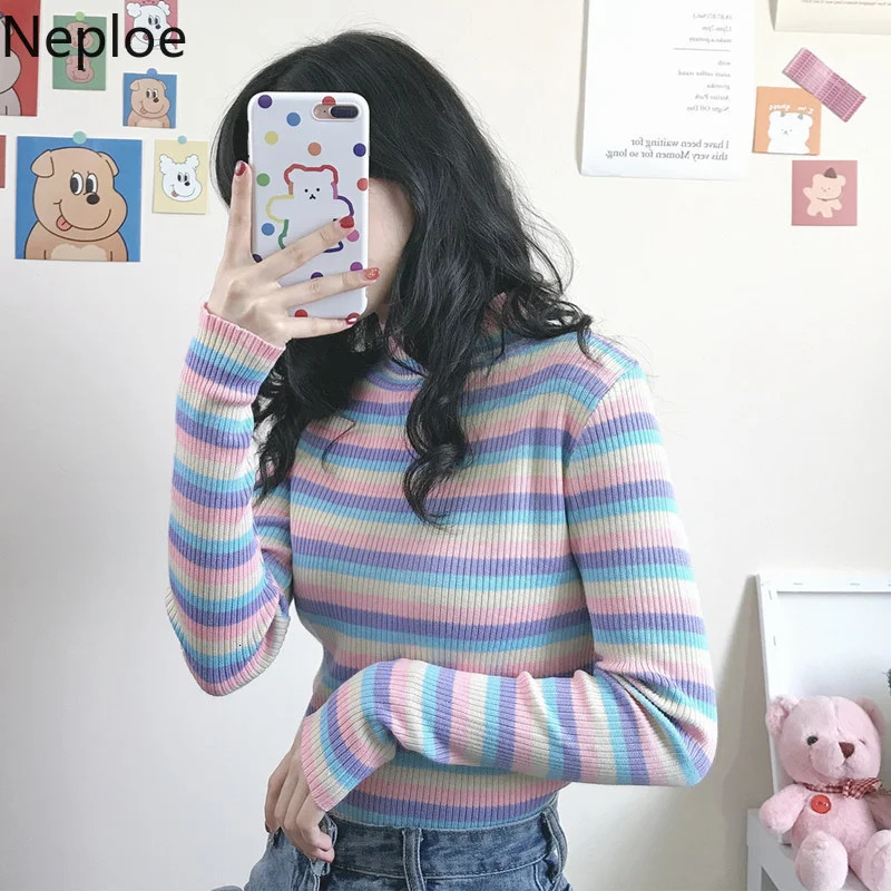 Neploe Rainbow Striped Sweater Y2K Cropped Tops Turtleneck Long Sleeve Pullover Women Sweaters Korean Patchwork Clothes Pull 251104