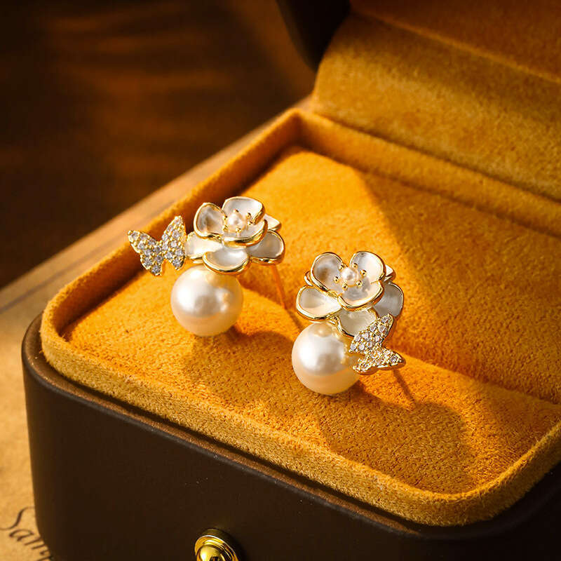 Fashionable High-end Glass Pearl Earrings Micro-inlaid Butterfly Enamel Camellia Design Studs Exquisite Light Luxury Ear Jewelry