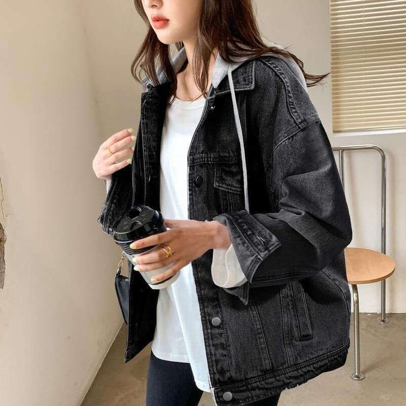 New Spring And Autumn Vintage Hooded Denim Jacket Korean Version Loose Versatile Salt Style Long Sleeve Top For Women Trendy B5