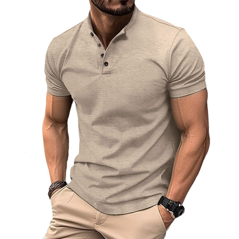 Mens digital printed solid color casual short sleeved pullover buckle T-shirt polo shirt top