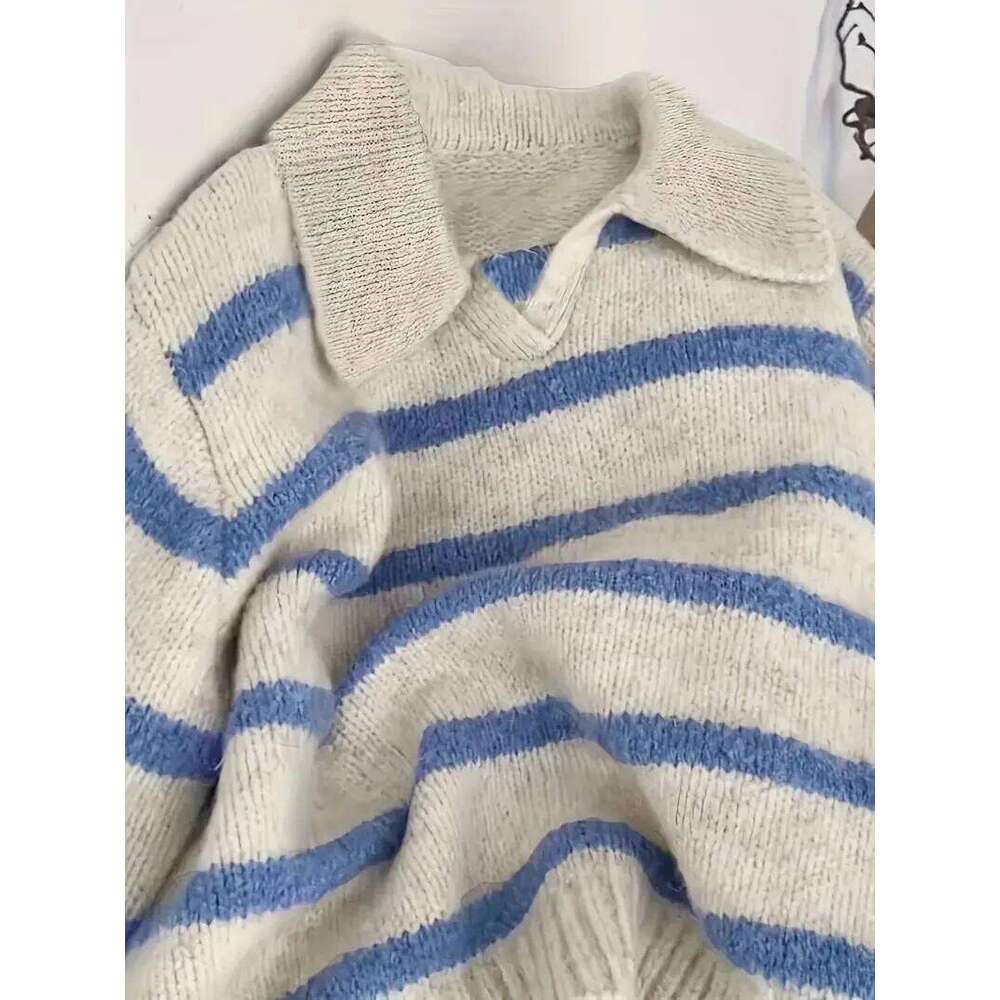 Women's Fashion Casual POLO Collar Striped Knitted Hoodie Soft And Comfortable Intercolor Sweater Women Sweater Designer Sweater Women