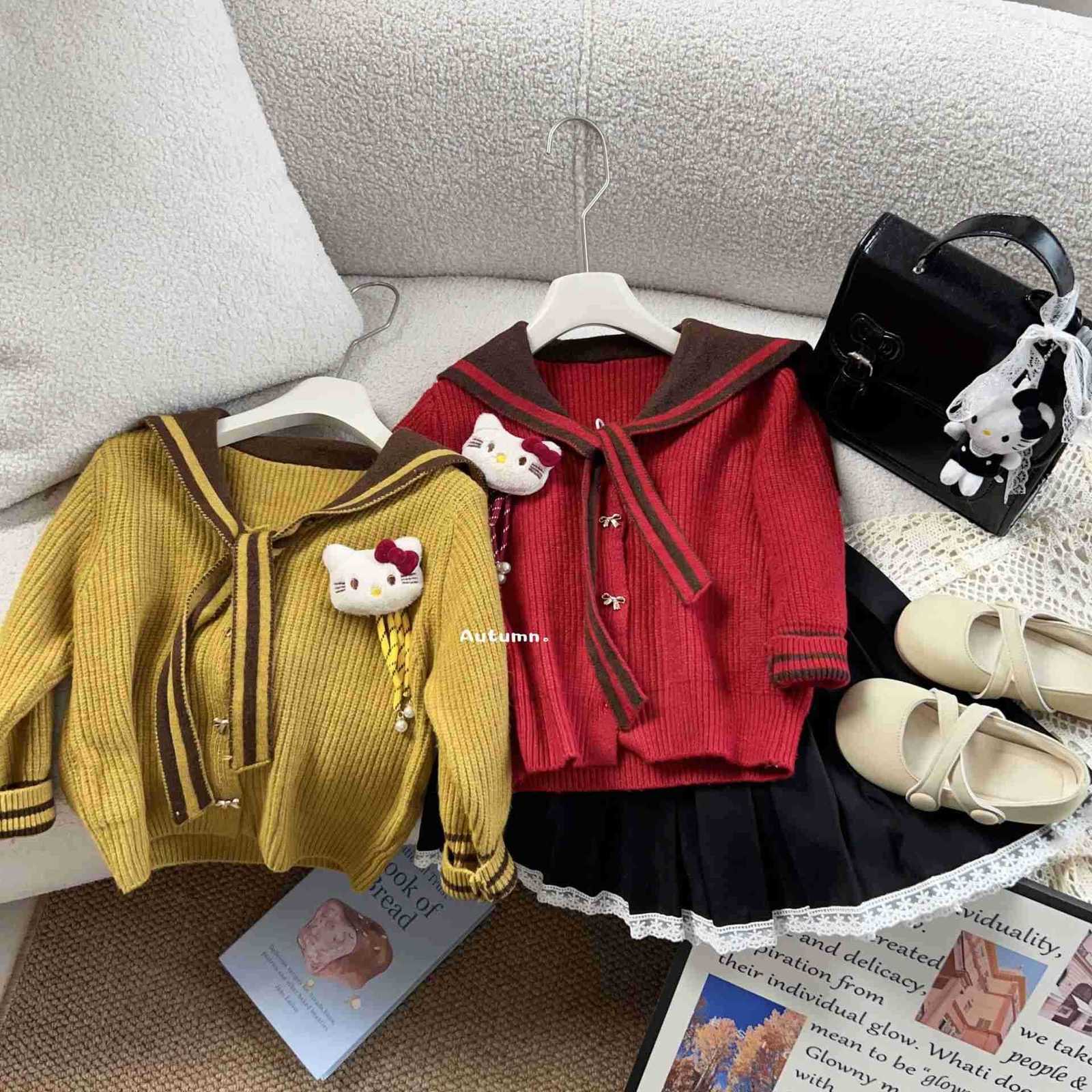 Sanrio Childrens Sweater 2025 Girls Winter New 3598KT Cat Big Kids Korean Style Simple Navy Wind Sweater Cardigan H251105