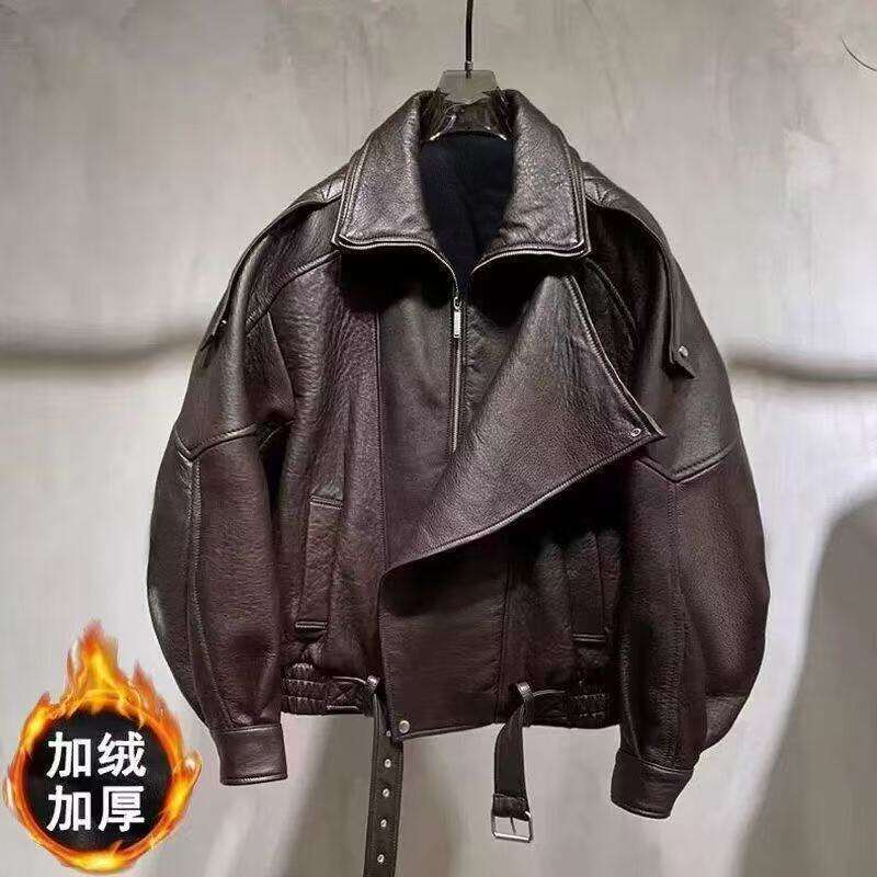Cross-Border Lamb Motorcycle Loose PU Leather Jacket Oversize New High-End Simple Early Autumn Coat B5