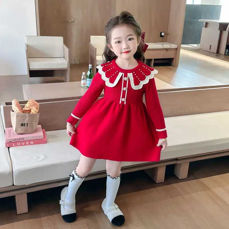 2025 New Girls Knit Chic Princess Dress Red Toddler Kids Spring Autumn C251105