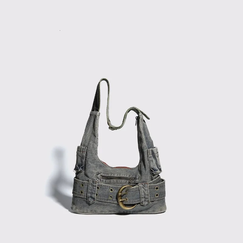 Vintage Washed Denim Shoulder Bag with Buckle Accents Distressed Retro Hobo Handbag Y2K Fashion Accessory 251031