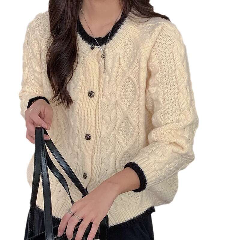 Milky Blue Short Top Braided Knit Cardigan For Women Early Spring And Autumn Soft Lazy Style Sweater Coat B5