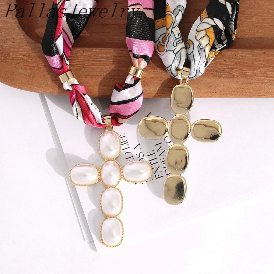 5Pcs Exquisite Silk Scarf Necklace With 18k Goldplated Pearl Cross Pendant Women Jewelry Holiday Party Festival Gift 251031