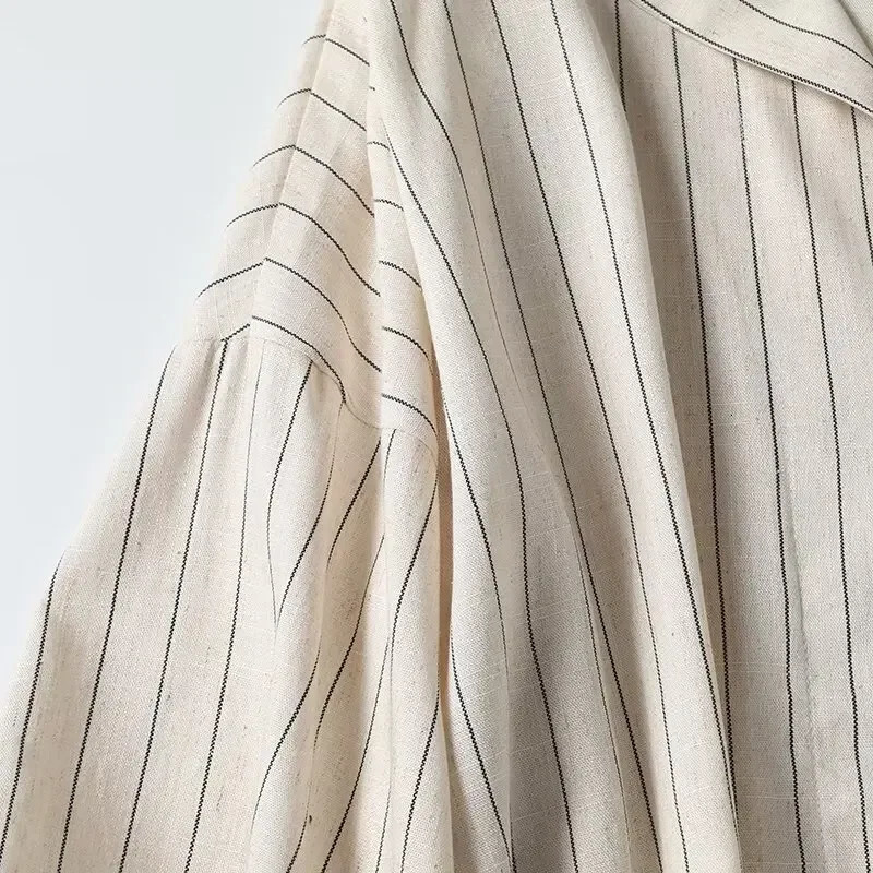 Womens fashion loose linen blend shirt casual striped V-neck retro long sleeved womens shirt chic top 250402