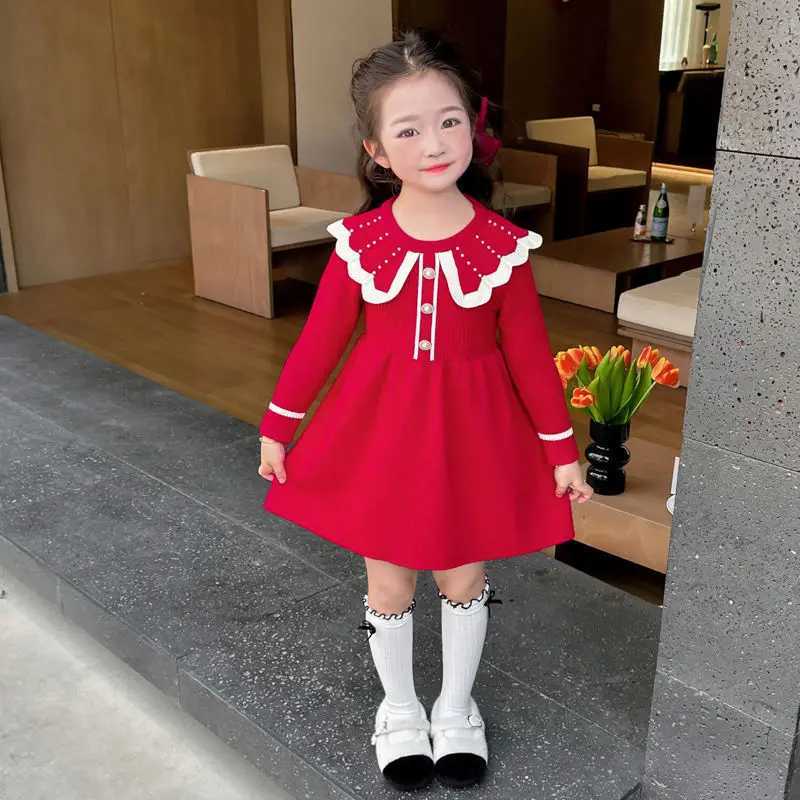 2025 New Girls Knit Chic Princess Dress Red Toddler Kids Spring Autumn C251105