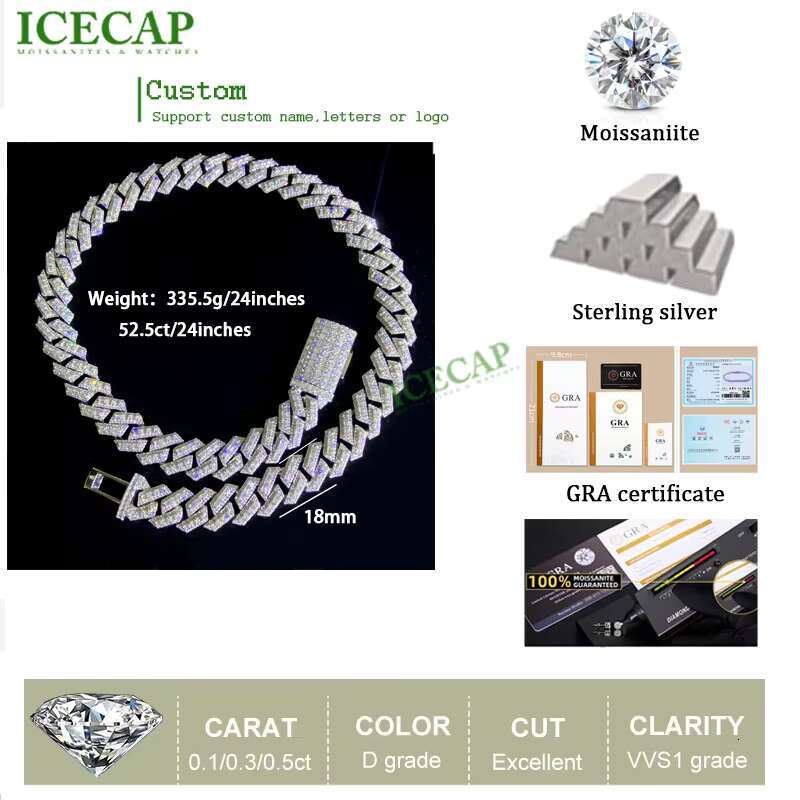 Baguette Cut Moissanite Chain 18mm 925 Sterling Silver Cuban Link Moissanite Necklace Iced Out Hiphop Fine Jewelry Custom Chain