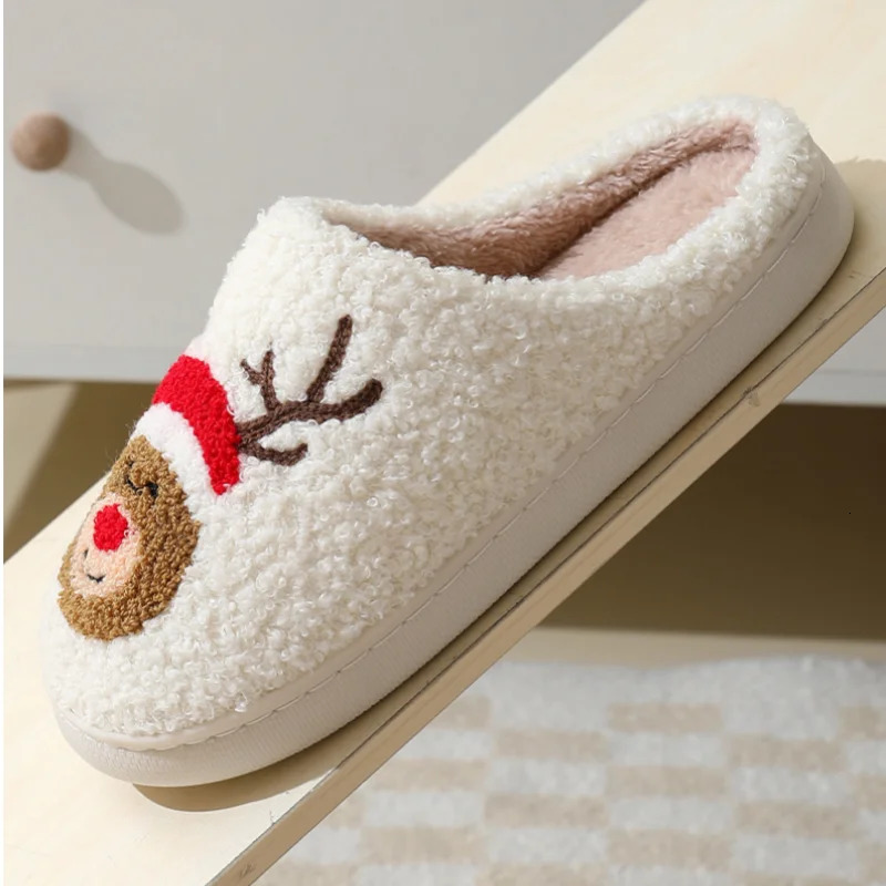 Cute Christmas Elk Slippers for Women Fun Santa Elk Gingerbread Men Cartoon Soft Plush Warm Adults Slides 251031