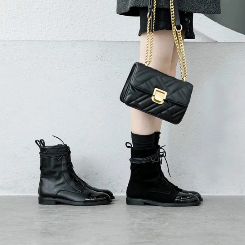 Boots Womens Autumn Shoes Single Boots British Style Mid Barrel Slim Boots Childrens Black Motorcycle Boots 251103