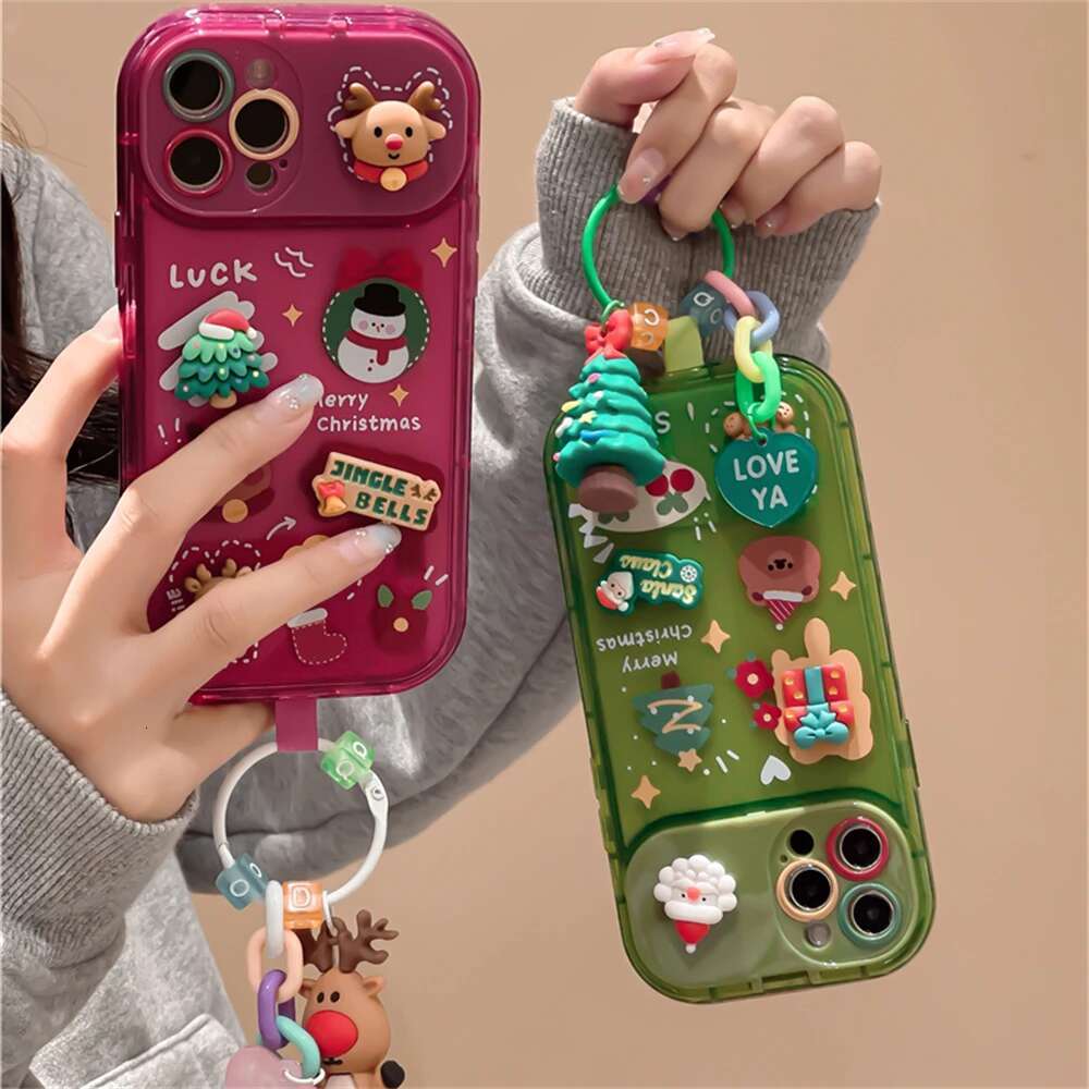 Korea Cute Cartoon Christmas Elk Pendant Case For iPhone 16 15 14 13 12 11 Pro Max XR Santa Claus Keychain Soft Shockproof Cover