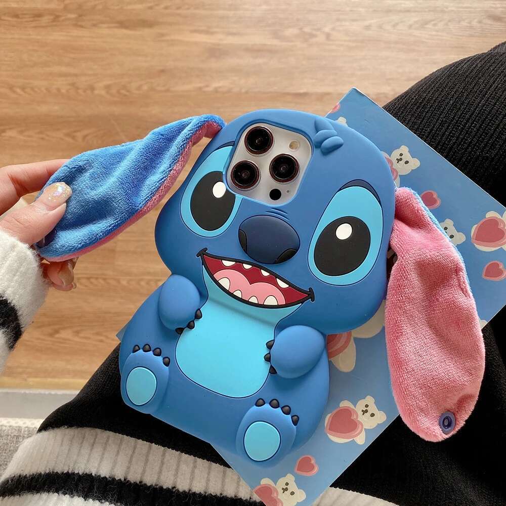 For iPhone 15 11 Max Pro 14 Plus 13 12 Kawaii Sit Big Ear Button Strap Cartoon Silicon Soft Phone Case