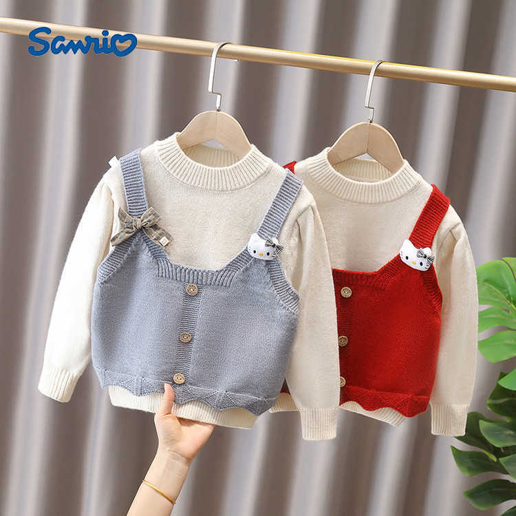 Sanrio Girls KT Cat Fake Two-Piece Pullover Sweater 2025 New Fashionable Childrens Knitted Top Thickened Warm Childrens H251105