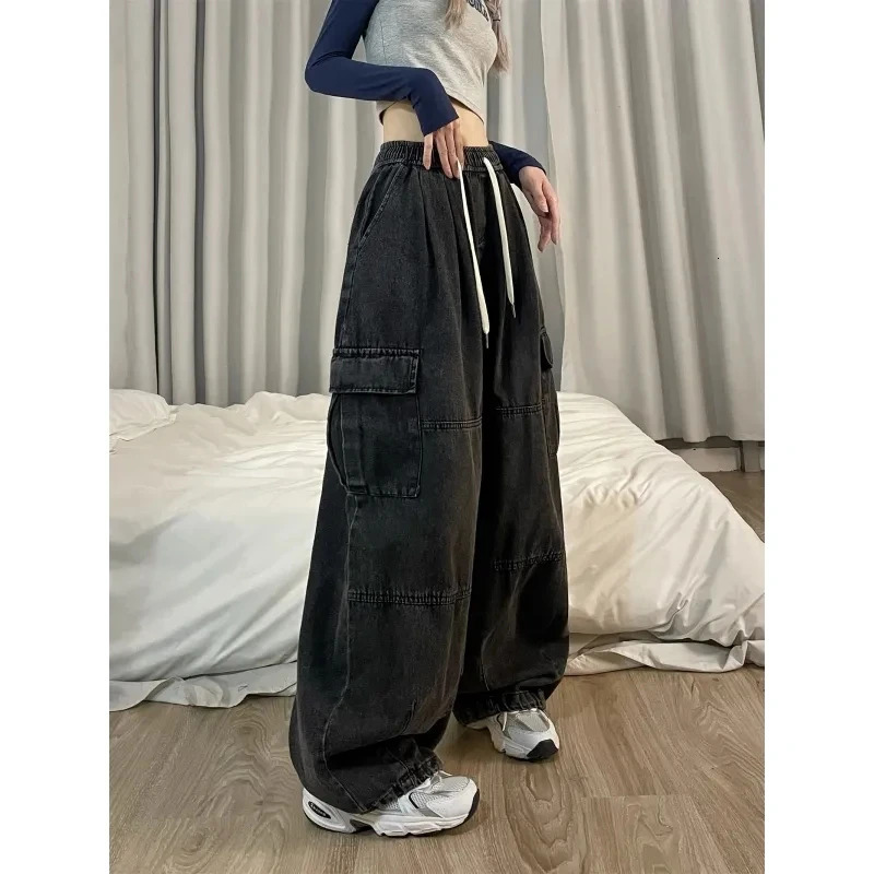 Retro blue commodity jeans womens bag denim pants oversized Y2K pleated hiphop street clothing Harajuku casual wide leg Trousers 250403
