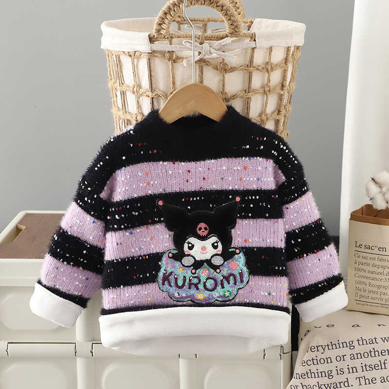 Sanrio Girls Sweater Autumn Winter 2024 New Childrens Cartoon Thickened Base Mink Knitwear Stylish Kuromi Colorful Dots H251105