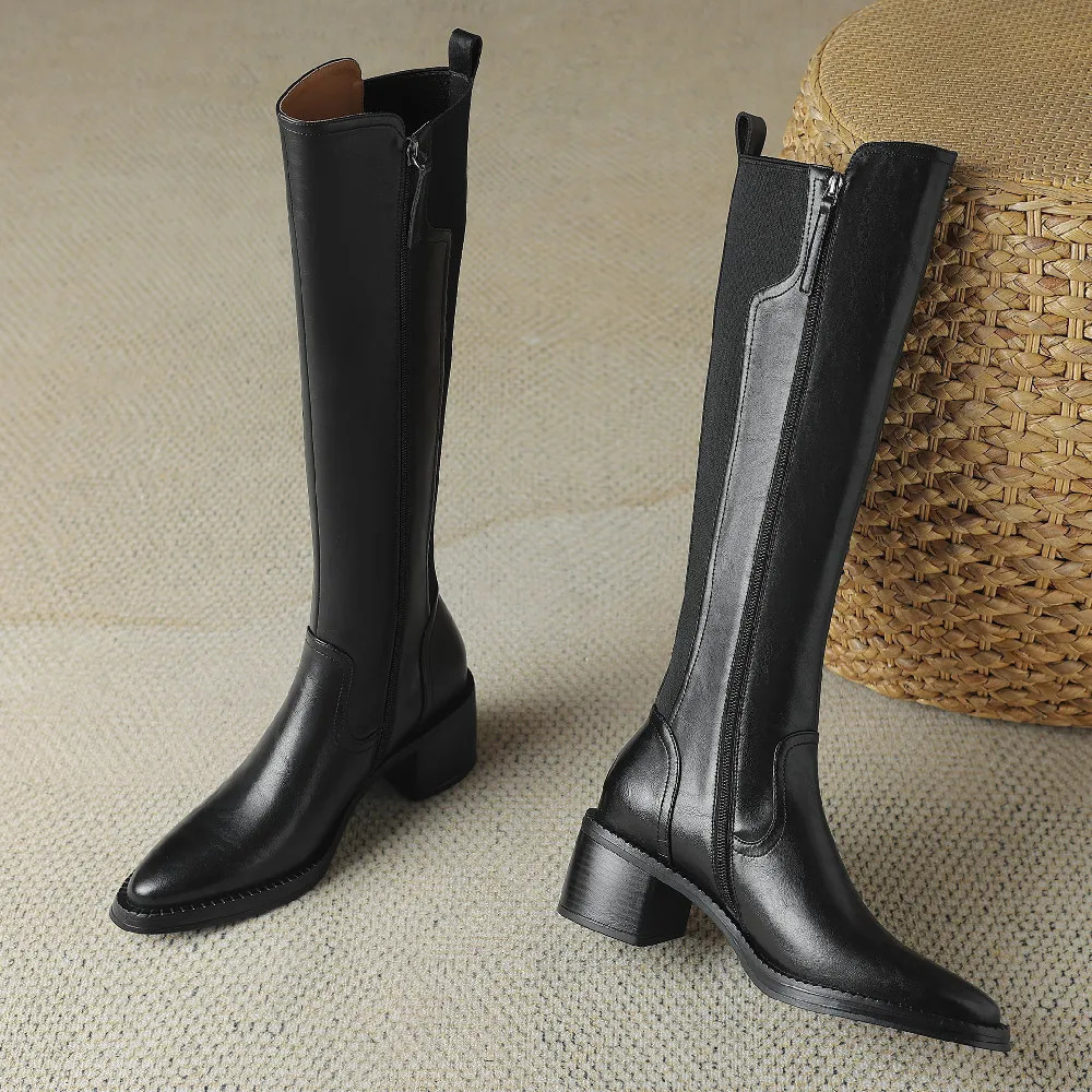 Womens genuine leather elastic fabric patchwork side zip autumn knee high boots pointed toe 5cm thick med heel black slim boots 251031