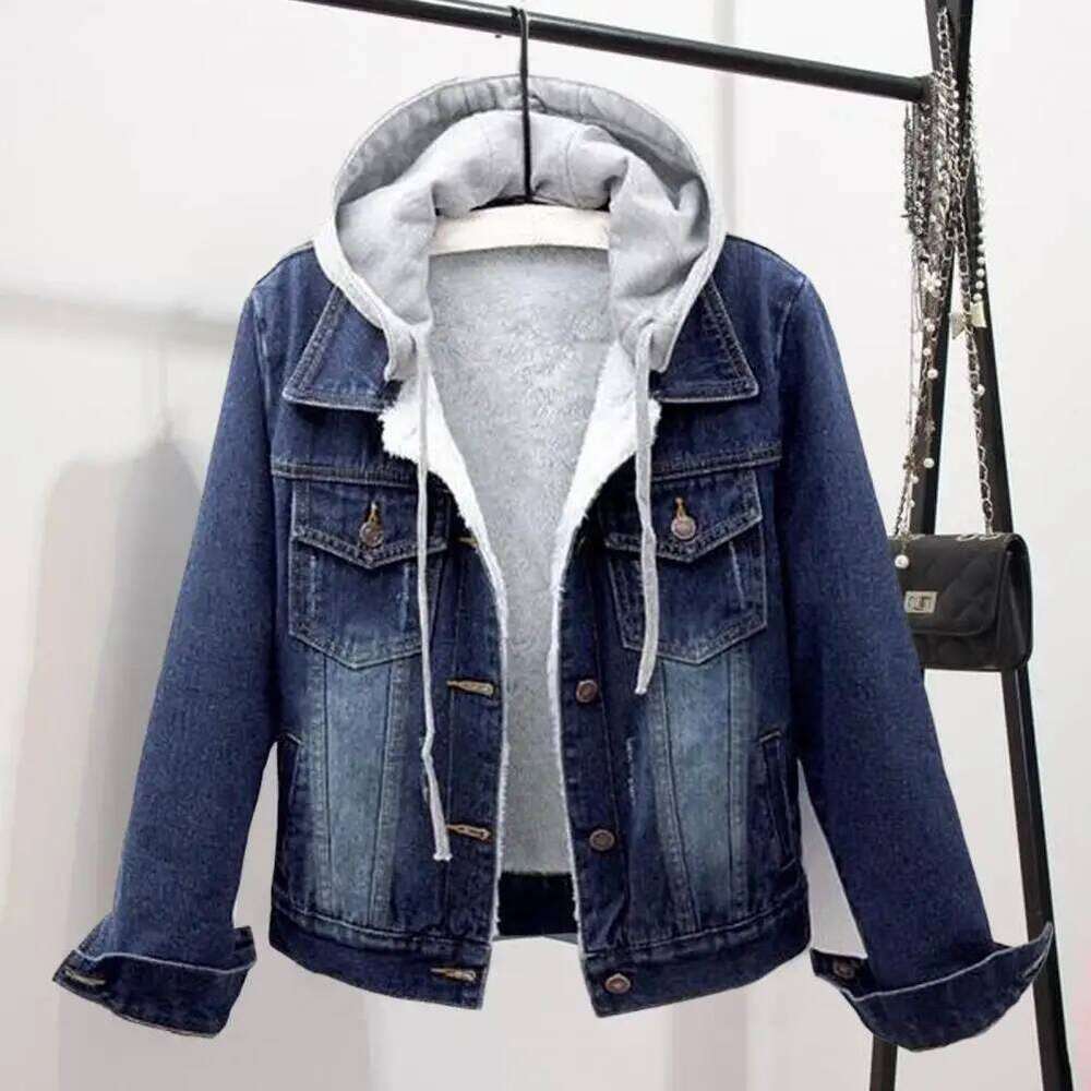 Detachable Hat Flap Pockets Thermal Plus Size Denim Winter Jacket Lady Short cotton parka