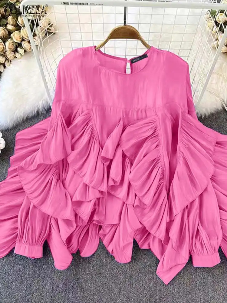 ZANZEA Fashion Ruffle Embroidered Long Sleeve Top Womens Korean Ruffle Shirt Autumn White Loose Blue Unique Round Neck Tune 250402