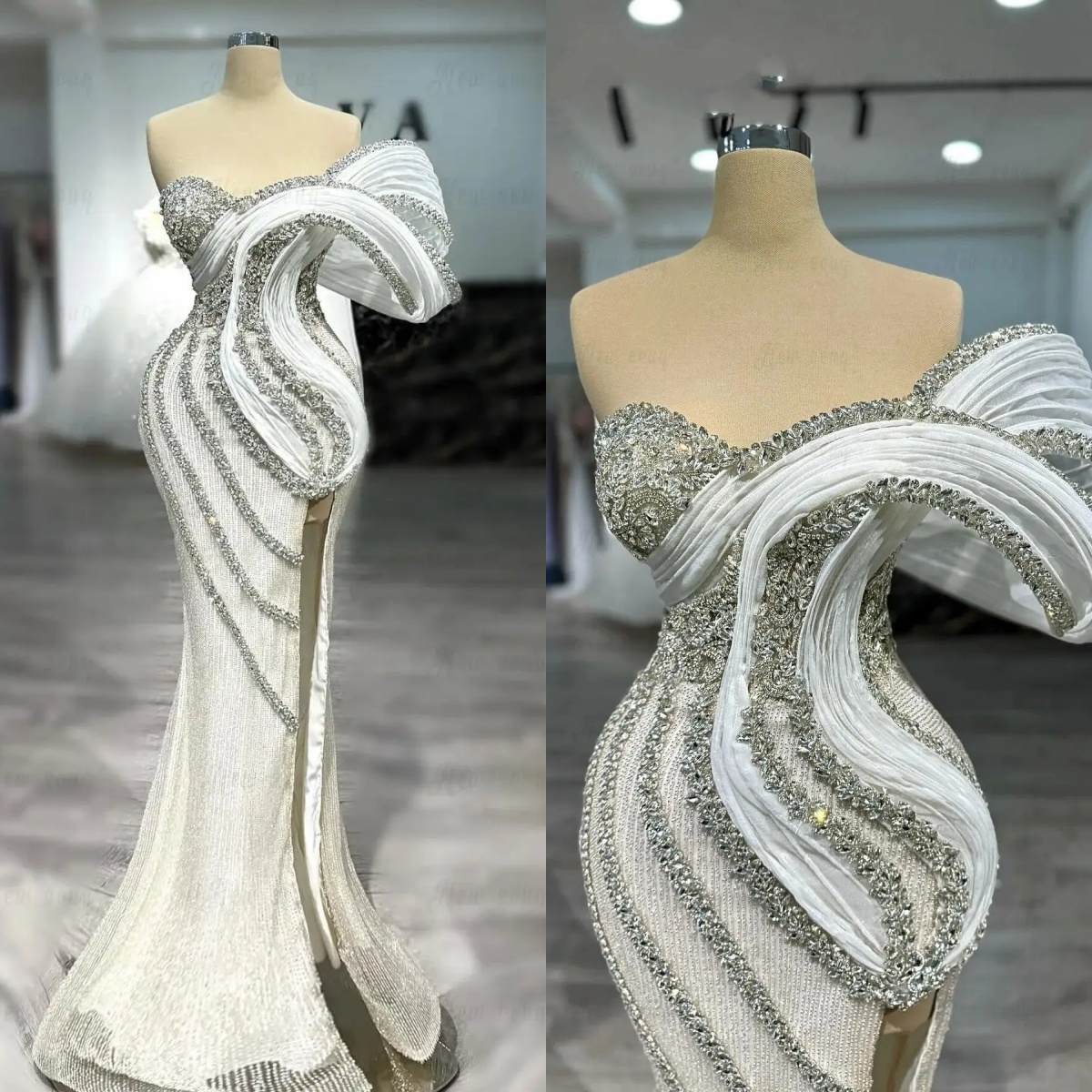 Gorgeous Evening Dresses For Women Crystal Sequins Split Side Gown Sweetheart Neck Sleeveless Floor Length Dress Party Custom Made