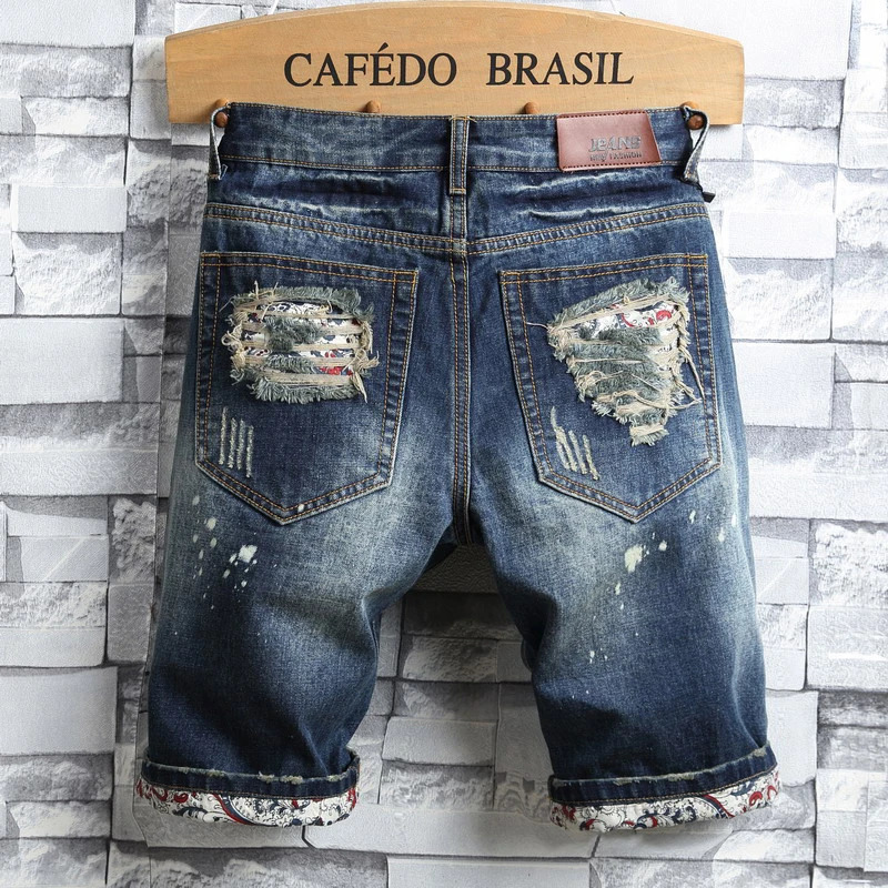 Mens hole denim shorts summer fashion casual slim fit retro short jeans mens 250402