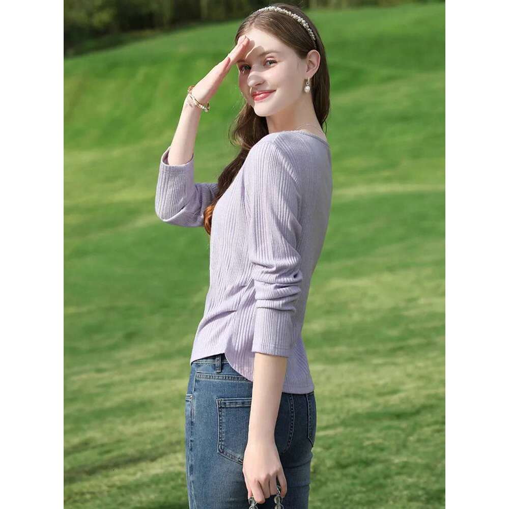 Fake Two Pieces T Shirt Pullover Women 2025 Spring New Purple V Neck Design Long Sleeved Slim Thin Tops