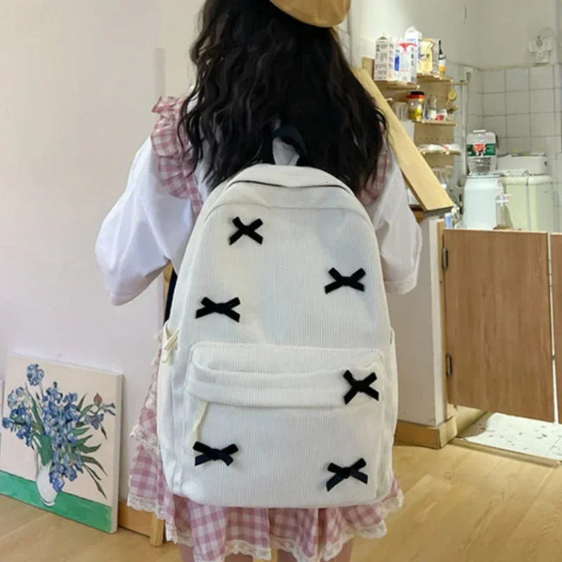 Cute Bowknot Aesthetic Backpacks Lightweight School Bookbags Students Sweet Rucksack for Womens Corduroy College Mochilas 251104