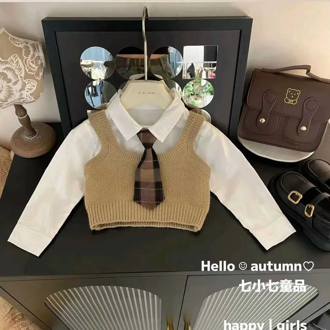 2025 Baby Girls 4pieces Clothing Set Fashion Kids Children Spring Autumn Clothes Knit Vestsshirtspleated Skirtsbowtie Y251105