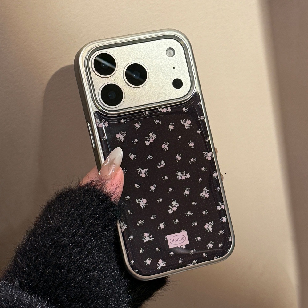 Rose Pink Flower Black Simple Phone Case Compatible with iPhone 17/16 Pro Electroplated Resin Case iPhone 15/14 Niche
