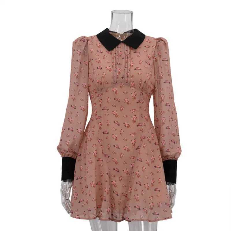 Ticketsx Fashion Contrast Printed Dress Women Lapel Ruched Patchwork High Waisted Dress Elegant New Birthday Party Commute Dress J251105