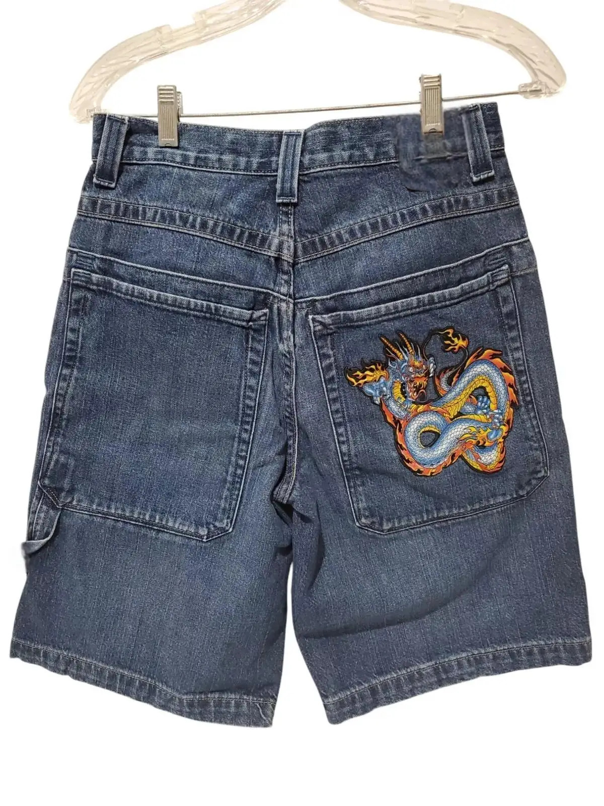 Y2K retro streetwear dragon pattern patch work denim shorts mens hip-hop blue loose Jorts fitness casual shorts 250403